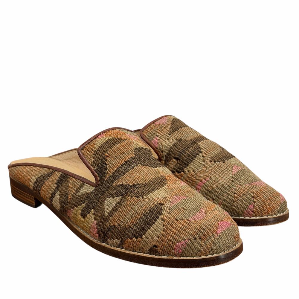 Mules Kilim Smoking Shoes‎ Mule Women SZ 11 Tapestry Leather Wool Textile Brown